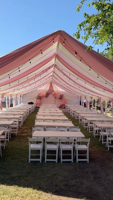 Draping Party Decor, Outdoor Party Tent Decorations, Party Tent Backyard, Outdoor Tent Party Backyards, Canopy Decorations Outdoor Party, Tent Draping Ideas, Party Tent Decorations, Pink Quince Theme, Tent Draping