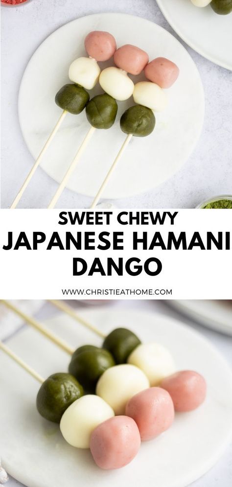 Hanami Dango. Chewy sweet, flavoured rice balls that come in three variations – strawberry, matcha and plain. A fun and delicious Japanese dessert that is simple to make at home!This is a great dessert to impress your guests or to get the kids involved as it is fun to roll out the dough balls. My simple dango recipe only requires only 4 ingredients, without the flavouring! #dessert #japanesefood #japaneserecipe #japanesedessert #recipe #recipeeasy #mitarashi #hanami #japanese #foodaesthetic Japanese Sweet Dumplings, Japanese Dango Recipe, Mitarashi Dango Recipe, Japanese Picnic Food, Rice Balls Recipe Japanese, Hanami Dango Recipe, Naruto Food, Sweet Rice Balls, Fantasy Cafe