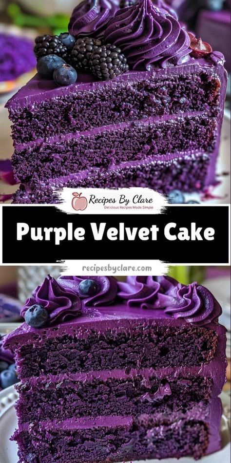 This whimsical purple velvet cake is soft, moist, and topped with a creamy white chocolate cream cheese frosting—perfect for any celebration!  Ingredients:  2 ½ cups all-purpose flour 1 ½ cups granulated sugar 1 cup buttermilk, room temperature 1 pound cream cheese, softened (for frosting) This vibrant cake combines a rich, velvety crumb with a creamy, sweet frosting—guaranteed to be the centerpiece of any occasion! 🍰💜 Purple Velvet Cake, White Chocolate Cream Cheese Frosting, Purple Velvet Cakes, White Chocolate Cream, Purple Food Coloring, Velvet Cakes, Chocolate Cream Cheese Frosting, Velvet Cake Recipes, Fluffy Cake