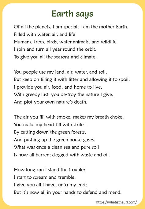 Printable The Earth Speaks – Poem Poem About Nature Earth, Poem For English Elocution, Earth Day Essay, Poems About Nature Earth, Poem On Environment In English, Poem On Earth Day In English, Mother Nature Poem, Poem About Environment, Poem About Science