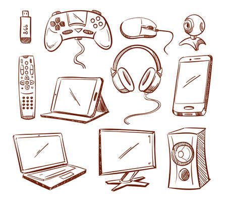 Vector Illustration. Hand Drawn Set Of Computer Devices Work In The Office And Play. Royalty Free SVG, Cliparts, Vectors, And Stock Illustration. Image 126147392. Easy Objects To Draw, Computer Devices, Doddle Art, Book Art Projects, Computer Gadgets, Vector Doodle, Zen Doodle Art, Object Drawing, Art Sketches Pencil