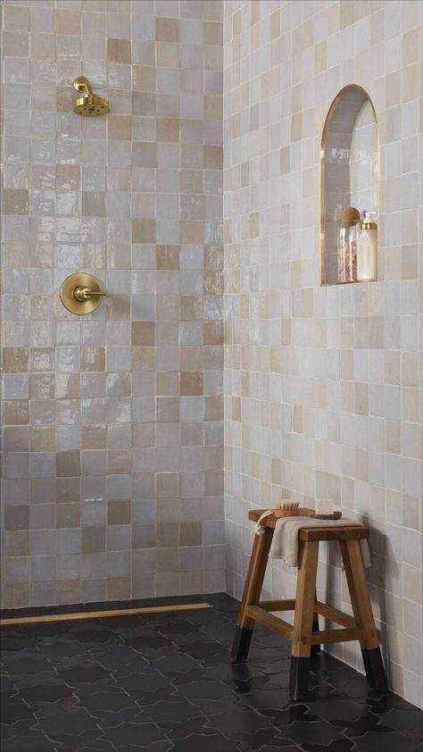 6 Lovely Pink Tile Bathroom Ideas - The Tile Shop Blog White Square Zellige Tile, Zellige Powder Room, Zellige Bathrooms, Ombre Tile Bathroom, White Zellige Tile Bathroom, Zelig Tiles, Zellige Bathroom, Pink Tile Bathroom Ideas, Chic Modern Bathroom