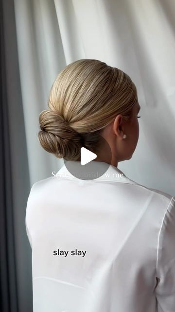 Updo Low Bun, Bun Up Do Hairstyles, Sleek Bun For Wedding, Wedding Low Bun Tutorial, Pretty Low Bun Hairstyles, Simple Low Bun Medium Hair, Low Bun Bridal, Wedding Bun Hair, Low Bun Hairdo