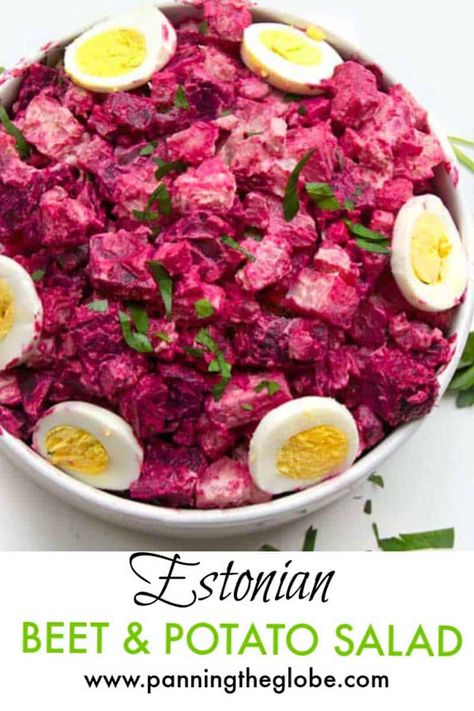 Rosolje is a delicious, hot pink beet and potato salad from Estonia, vibrant in color and flavor. The perfect side dish for you next party, picnic or bbq. #Rosolje #BeetPotatoSalad #PotatoSaladRecipe Estonian Food, Beetroot Recipes, Beet Salad Recipes, Idaho Potatoes, Beetroot Salad, Potato Salad Recipe, Egg Salad Recipe, Summer Salad Recipes, Fruit Salad Recipes