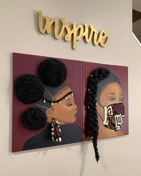 Diy Black Art, Natural Hair Art Illustrations, Hair Salon Artwork, African Art Projects, African American Art Women, African Inspired Decor, Black Wall Street, Natural Hair Art, African Wall Art