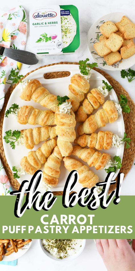 An oval platter of puff pastry carrot appetizers. Pastry Horns, Alouette Cheese, Puff Pastry Recipes Dessert, Phyllo Dough Recipes, Savory Pastries, Phyllo Recipes, Puff Pastry Appetizers, Puff Pastry Filling, Pastry Appetizer