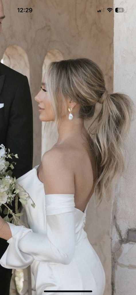 Wedding Hairstyles For Open Back Dress Bridal Updo, Bridesmaid With Ponytails, Blake Lively Ponytail Messy Pony, Soft Bridal Ponytail, Low Pony Hairstyles For Wedding, Simple Bridal Hair Ponytail, Updo Hair Styles For Wedding, Wedding High Ponytail Hairstyles Brunette, Messy Pony Updo