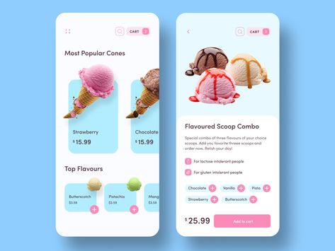 Ice Cream Social Media Design, Ice Cream Website, Ice Cream Website Design Inspiration, Ice Cream Menu Design Templates, Candy App, Food Mobile App Design, Ui Design Principles, Android App Design, Ice Cream Brands