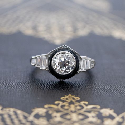 Target Ring, Old Mine Cut Diamond, Ring Art Deco, Deco Ring, Antique Diamond, Onyx Ring, Art Deco Ring, By Grace, Antique Rings