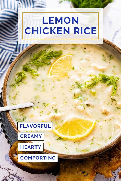 Greek lemon chicken rice in a bowl. Lemon Chicken Rice Soup, Greek Side Dishes, Greek Lemon Soup, Greek Lemon Rice Soup, Lemon Chicken Rice, Lemon Rice Soup, Greek Lemon Rice, Avgolemono Soup, Greek Lemon Chicken Soup