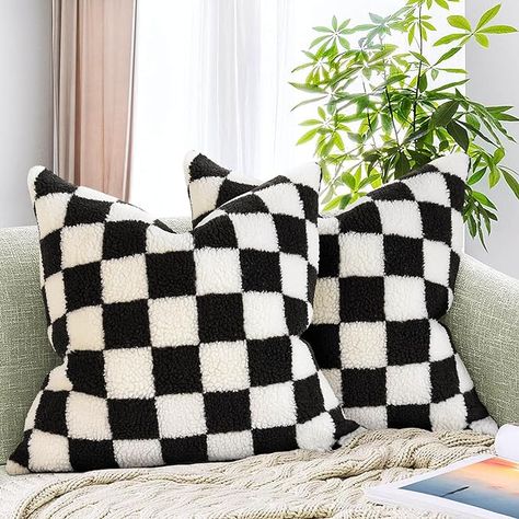 AmHoo Pack of 2 Decorative Throw Pillow Covers Checkerboard Luxury Super Soft Faux Fur Wool Set Case Cushion for Couch Sofa Bedroom 18 x 18-Inch Black Goth Couch Pillows, Apartment Wishlist Products, Checkered Bedroom Aesthetic, Black Pillows Bedroom, Spooky Apartment Decor, Groovy Pillows, Pillows Decorative On Couch, Throw Pillows Colorful, Checkered Pillows