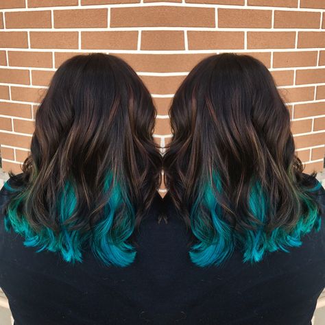 Turquoise Hair Tips, Teal Peekaboo Highlights Brown, Brown Turquoise Hair, Teal Hair Dye On Brown Hair, Dark Hair With Teal Peekaboo, Dark Hair With Bright Colors Underneath, Aqua Tips Hair, Aqua Blue Hair Highlights, Teal Dip Dye Hair