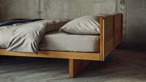 Kyoto Japanese Bed with Headboard | Natural Bed Company Japanese Style Bed, Japanese Bed, Double Bed Designs, Natural Bed, Bed With Headboard, Oak Beds, Organic Cotton Bedding, Modern Platform Bed, Saffron Yellow