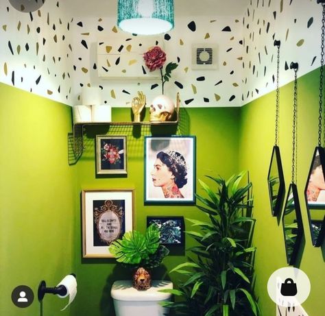 Orange Accent Wall Bathroom, Lime Green Bathroom Decor, Colour In Bathroom, Green Maximalist Bathroom, Funky Bathroom Wall Art, Color Block Decor, Wacky Bathroom Ideas, Colorful Toilet Room, Bright Colorful Interior Design