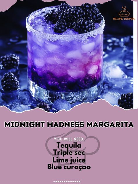 🌙🍹 Embrace the night with the Midnight Madness Margarita – a dark and delightful twist on a classic cocktail! #MidnightMargarita #NightOwl Midnight Madness Margarita Ingredients: Tequila (1 1/2 oz) Triple sec (1/2 oz) Lime juice (1 oz) Blue curaçao (1/2 oz) Blackberries (for garnish) Salt (for rim, optional) Ice (as needed) Instructions: Rim the glass with salt (optional). Shake tequila, triple sec, and lime juice with ice. Strain into a glass filled with ice. Float blue curaçao on top an... Liquid Marija Drink Recipe, Midnight Drink, Alcoholic Drink Names, Werewolf Party, Midnight Margaritas, Margarita Ingredients, Drink Names, Alcholic Drinks, Batch Cocktails