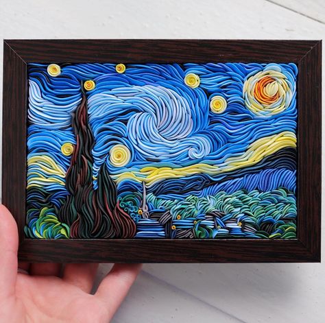 Alisa LiskaFlower on Instagram: “Starry night made of clay 💙  Already listed in my Etsy store (link in bio) And this is not the last work of Gogh 💛 . Звездная ночь из глины…” Arte Quilling, Air Dry Clay Projects, Virtual Art, Van Gogh Art, Starry Night Van Gogh, Quilling Designs, Quilling Art, Night Painting, Polymer Clay Art