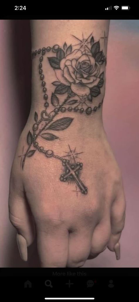 Tattoo Ideas Hand Flowers, Gothic Rosary Tattoo, Feminine Rosary Tattoo, Rosary Leg Tattoo, Rose And Rosary Tattoo Design, Virgin Mary Rosary Tattoo, La Virgencita Tattoo, Rosary Arm Tattoo, Rosery Tattoos Hand