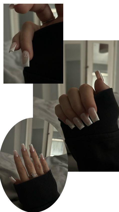 With B initial B Initial Nails, Nails With A Initial, Chrome French Tip Nails, Initial Nails, Chrome French Tip, Chrome French, B Initial, A Initial, Tip Nails