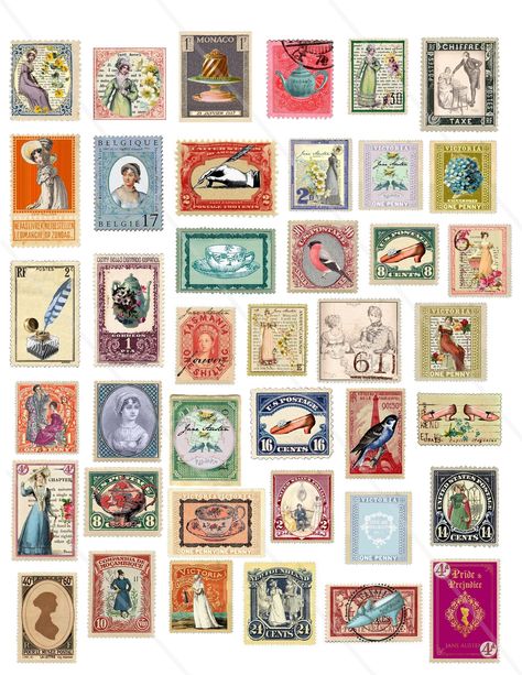 Printable Stamps Jane Austen Ephemera Junk Journal Supplies - Etsy Vintage Stamps Postage, Printable Stamps, Vintage Scrapbooking, Postage Stamp Design, Sense And Sensibility, Printable Vintage Art, طابع بريدي, Junk Journal Supplies, Collage Book