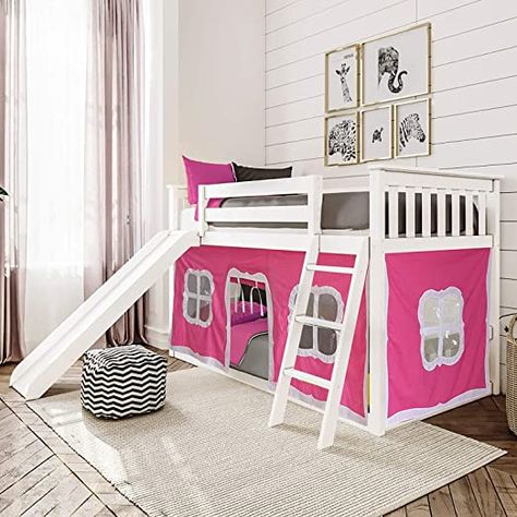 Max & Lily 180217-002-078 Low Bunk with Slide, Twin, White, Pink Curtain Bed Frame For Kids, Low Bunk Bed, Playhouse Bed, Solid Wood Bunk Beds, Low Bunk Beds, Bunk Bed With Slide, Solid Wood Bed Frame, Wood Bunk Beds, Low Loft Beds