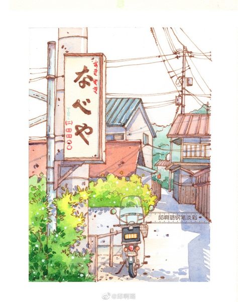 Cyberpunk Drawing, Japan Drawing, Japan Watercolor, Watercolor Art Landscape, Japanese Watercolor, Watercolor Architecture, Pen Art Drawings, Architecture Drawing Art, Japon Illustration