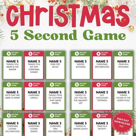 Welcome to the ultimate holiday party game! Our Holiday 5 Second Game is perfect for bringing some fun and laughter to your Christmas celebrations. The rules are simple: each player has five seconds to answer a question related to Christmas before the buzzer sounds. This 5 Second Game Christmas edition is sure to keep everyone on their toes! This 5 Second Rule Game is a great way to get the whole family involved in the Christmas spirit. It's also perfect for virtual gatherings with friends or coworkers. Simply print out the game cards and you're ready to go! Don't wait any longer to get your hands on this 5 Second Christmas Game. Download now and let the holiday festivities begin! **This is an INSTANT DIGITAL DOWNLOAD and no physical items will be shipped.** INCLUDED IN THIS LISTING: * 72 5 Second Game Questions, Christmas 5 Second Game, Christmas 5 Second Rule Game, 5 Second Rule Game Questions, Family Christmas Games For All Ages, 5 Second Rule Game, Christmas Quizzes, Christmas Song Games, Holiday Party Game