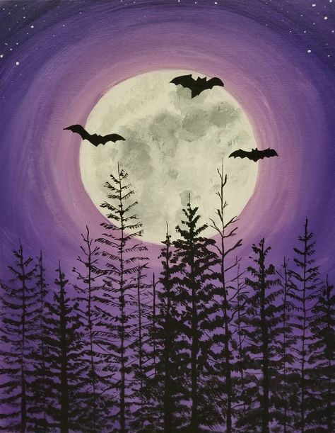 Bats Painting Easy, Halloween Sip And Paint Party Ideas, Simple Bat Painting, Paint Night Halloween, Scary Artwork Easy, Halloween Painting With A Twist, Halloween Night Sky Painting, Halloween Diy Painting Canvas Easy, Purple Halloween Painting