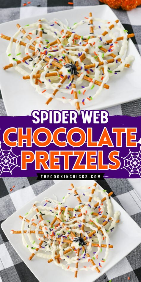 Perfect for Halloween or any themed party, these Spider Web Pretzels are sure to be a hit! Easy to make using only a few simple ingredients and the perfect salty sweet treat! Pretzels Spider Webs, Pretzel Stick Spider Webs, Spider Pretzel Treats, Stick Pretzel Treats, Chocolate Pretzel Spider Webs, Halloween Treats Pretzels, Pretzel Spider Web Halloween Treats, Easy Homemade Halloween Treats, Salty Halloween Treats