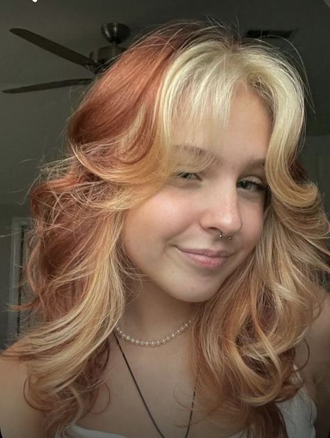 Copper Hair Ideas With Blonde, Dyed Ginger Hair Strawberry Blonde, Strawberry Blonde Hair With Blonde Bangs, Blonde Under Ginger Hair, Aesthetic Dyed Hair Blonde, Strawberry Blonde And White Hair, Orange With Blonde Hair, Strawberry Blonde Hair With Curtain Bangs, Ginger Hair With Blonde Peekaboos