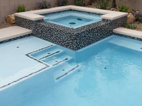 Pool With Flush Spa, Raised Spa With Spillover, Rectangular Pool With Spa And Tanning Ledge, Raised Jacuzzi In Pool, Square Pool With Hot Tub, Geometric Pools With Spa, Indoor Pool House, Lagoon Pool, Small Swimming Pools