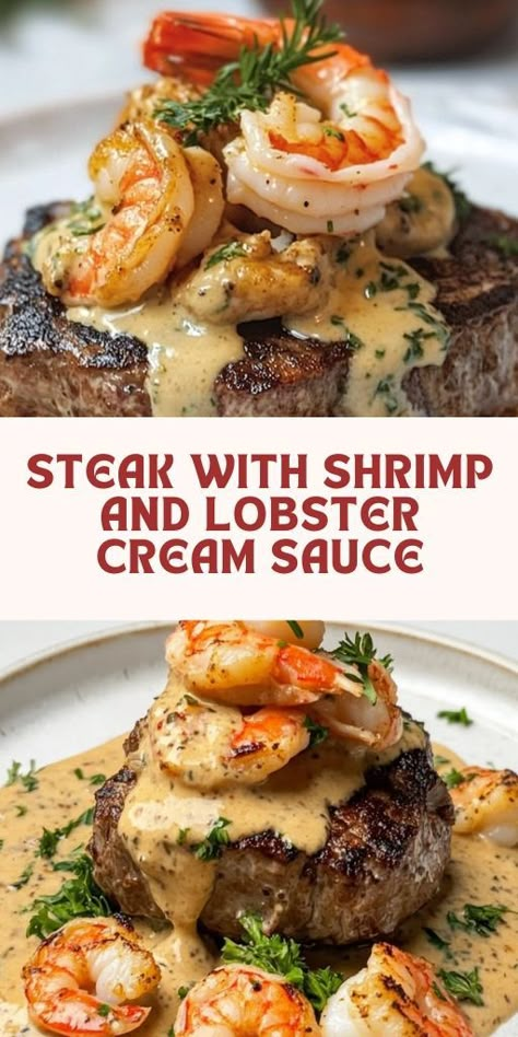 Elevate your dinner game with this decadent steak topped with shrimp and lobster cream sauce! 🥩🦐🦞 This surf and turf recipe is rich, indulgent, and perfect for special occasions or date nights. Juicy steak meets creamy, buttery seafood sauce for a flavor explosion you won't forget. Try it tonight! 🍴✨ #SurfAndTurf #SteakRecipe #LobsterLover #ShrimpRecipe #SeafoodDinner #LuxuryFood #DinnerIdeas Filet Mignon With Shrimp And Lobster Cream Sauce, Steak With Shrimp And Lobster Sauce, Seafood Cream Sauce, Shrimp And Lobster Sauce, Steak With Shrimp, Steak And Lobster Dinner, Steak Toppings, Lobster Cream Sauce, Gordon Ramsay Recipes