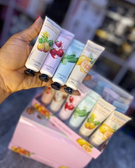 New stock✅✅. Hand & nail cream for soft hands and nail is available in different fragrances : Lemon, strawberry, peach, cucumber, coconut and other fragrances. Shop now for 2,000 Strawberry Cream Perfume, Cherry Hand Cream, Pink Hand Cream, Kawaii Hand Cream, Peach Hand Cream, Nail Cream, Cream Nails, Beauty Skin Care Routine, Soft Hands