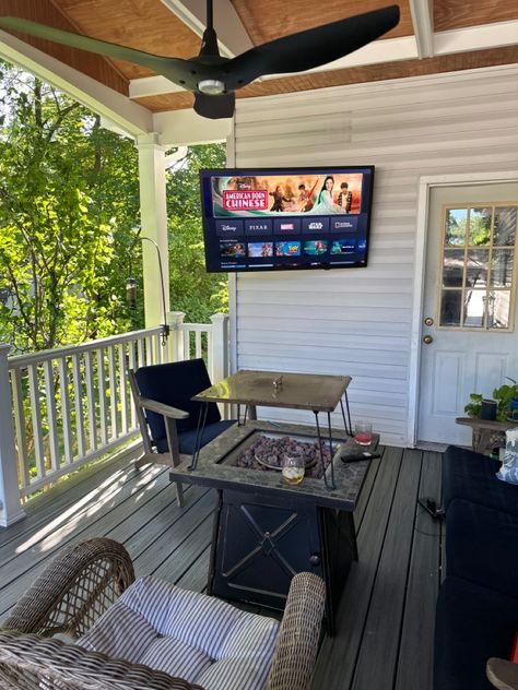 Porch With Tv Ideas, Back Deck Tv Ideas, Deck With Tv, Outdoor Tv Area Deck, Patio With Tv Outdoor, Outdoor Television Ideas Patio, Patio Arrangement Ideas, Outdoor Patio With Tv And Bar, Deck Tv Outdoor Tv Cabinet