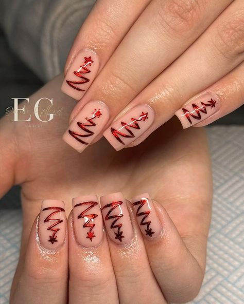 12. Red Christmas Tree Swirls on Square Nails Christmas Nail Designs Ornament, Line Christmas Tree Nails, Red Christmas Tree Nails, Christmas Tree Nails Simple, Gold Christmas Tree Nails, Tree Nails Designs, Nails With Trees, Simple Christmas Tree Nails, Xmas Tree Nails