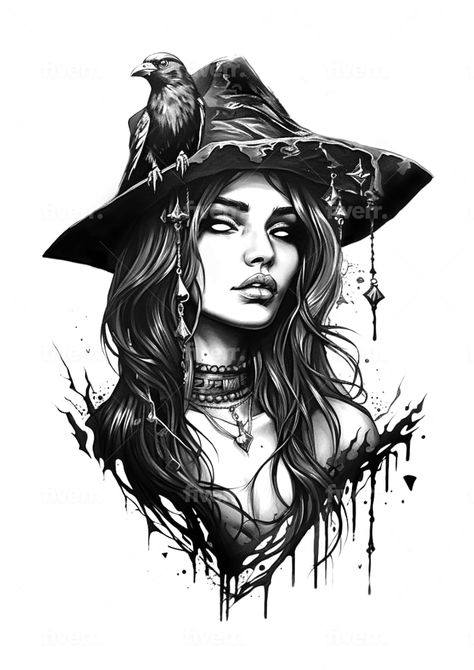 Create unique custom tattoo design by Ardaaktop | Fiverr Witch Face Tattoo Design, Gothic Woman Tattoo Design, Nature Witch Tattoo Ideas, Witchy Leg Tattoos Women, White Witch Tattoo Ideas, Lace Tattoo Design Vintage Leg, Witch Tarot Card Tattoo, Dark Witch Tattoo Designs, Witch Lady Tattoo