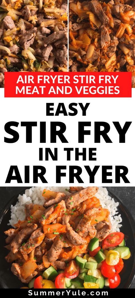 Learn how to make air fryer stir fry! This stir fry in air fryer recipe is the easiest way to make stir fry ever! This 3-ingredient stir fry cooks in 20 minutes or less, with no wok or stirring required. Get the secret for air fryer stir fry vegetables that come out perfectly tender crisp every time. You can make this recipe with chicken, beef, shrimp, pork, or tofu! #airfryer #glutenfree #lowcalorie #lowcarb #keto #weightloss #under30minutes #dinner Stir Fry In Air Fryer, Air Fryer Stir Fry, Air Fryer Recipes Beef, Asian Stir Fry Recipe, Air Fryer Recipes Pork, Stir Fry Meat, Stir Fry Vegetables, Pork Stir Fry Recipes, Prawn Stir Fry