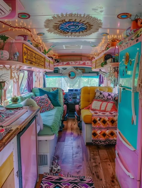 95+ Boho and Hippie Camper Design Ideas - TastyInteriors Camper Design Ideas, Car Decorations Interior Hippie, Colorful Camper, Hippie Apartment, Boho Camping, Hippie Camper, Hippie Core, Camper Diy, Camper Design