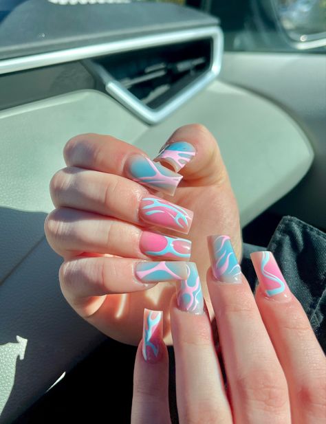 Cute Blue And Pink Nails, Pink Blue And White Nails, Funky Square Nails, Pink Blue Nails Designs, Pink And Blue Nails Short, Pink And Baby Blue Nails, Pink And Blue Nail Ideas, Baby Blue And Pink Nails, Light Blue And Pink Nails