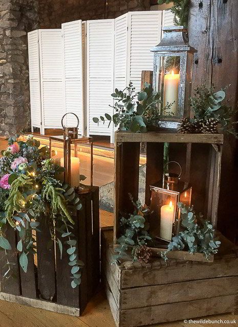 Crates And Lanterns Wedding, Country Wedding Isles Decoration, Rustic Crate Decor, Rustic Christmas Display, Wooden Crates Wedding, Priston Mill, Farmer Wedding, Coombe Lodge, Wedding Crates