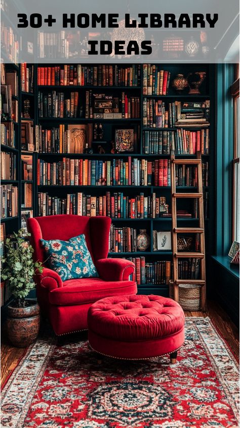 Small library with a vibrant red chair, rich dark bookshelves, and artistic d�cor. Dark Colored Office Ideas, Mirrors On Bookshelves, Home Library Wall Colors, Maximalist Library Room, Maximalist Reading Corner, Traditional Library Room, Eclectic Home Library, Cozy Office Library, Library Room Inspiration