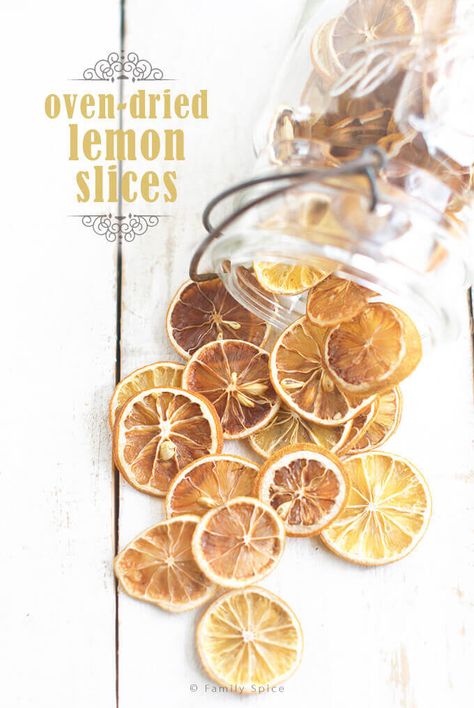 No fancy dehydrator is needed to make your own oven dried lemon slices at home. This technique works for oranges, limes and other citrus fruits, too! -- FamilySpice.com #ovendriedlemons #nodehydrator Dried Lemon Slices, Fruit Diy, Fruit Recipes Healthy, Diy Snacks, Dried Lemon, Dehydrated Fruit, Lemon Slices, Dehydrated Food, Citrus Fruits