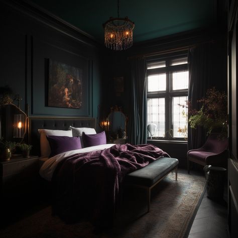 Dark Teal Bedroom, Dark Romantic Bedroom, Vintage Bedroom Styles, Academia Bedroom, Bedroom Ideas Romantic, Romantic Bedroom Decor, Decor Ideas Bedroom, Dark Bedroom, Bedroom Trends