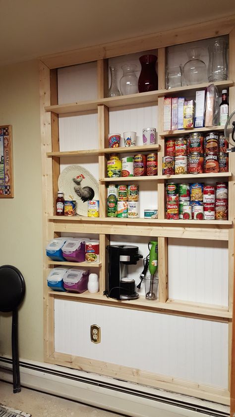 The "between the studs" shelves we created in our kitchen have given us a TON of extra space for storage! Diy Shelves Between Studs, Shelves In Between Studs, Recessed Shelves Kitchen, Sauna Business, Stud Storage, Open Kitchen Cabinet, Between The Studs, Shallow Pantry, Between Studs