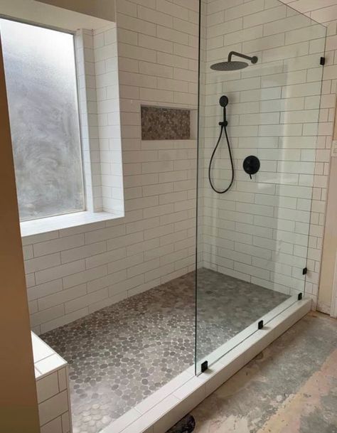 Shower With Off Center Window, Shower With Frosted Window, Big Window In Shower, Tub To Shower Conversion With Window, Master Bath Shower With Window, Narrow Walk In Shower Ideas, Master Bath Remodel No Tub, No Step Shower Walk In, Long Shower Ideas