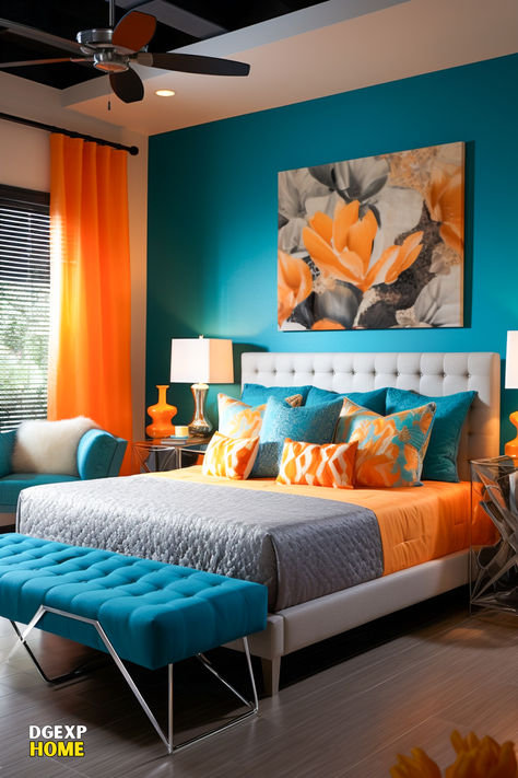 Depicted is a modern coastal bedroom, intertwining refreshing deep teal (#008080) with bright sunburst orange (#FFCC33) highlights. A contemporary teal bed, adorned with modern decor and sunburst orange accessories, emanates a sense of breezy elegance and vibrant freshness. The strategic lighting emphasizes the coastal elements and lively tones, crafting a sunlit and invigorating ambiance in the room. Bed Interior, Teal Bedroom, Bedroom Orange, Fall Bedroom, Coastal Bedroom, Modern Bedroom Decor, Coastal Charm, Bad Design, Bedroom Headboard