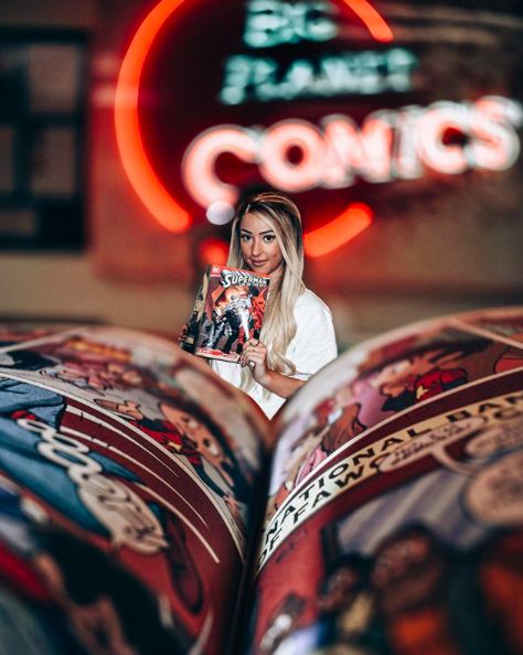 Comic Book Senior Pictures, Comic Book Store Photoshoot, Comic Book Photoshoot, Business Portrait Photography, Book Photos, Comic Book Store, Book Photo, Comic Store, Business Portrait