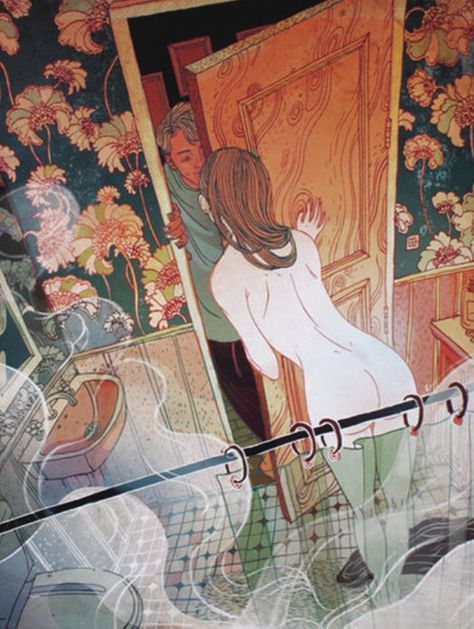 A couple shares a moment through the cracked door of their bathroom apartment. Illustrated for Peter Stamm's romantic short story "Sweet Dreams" in the New Yorker magazine.Original Illustration by Artist Victo Ngai1000 Piece Jigsaw PuzzleFinished Puzzle Size: 19.25"x26.625"Linen Style Finish to reduce glareMade in USARecommended Age: 13+ Years