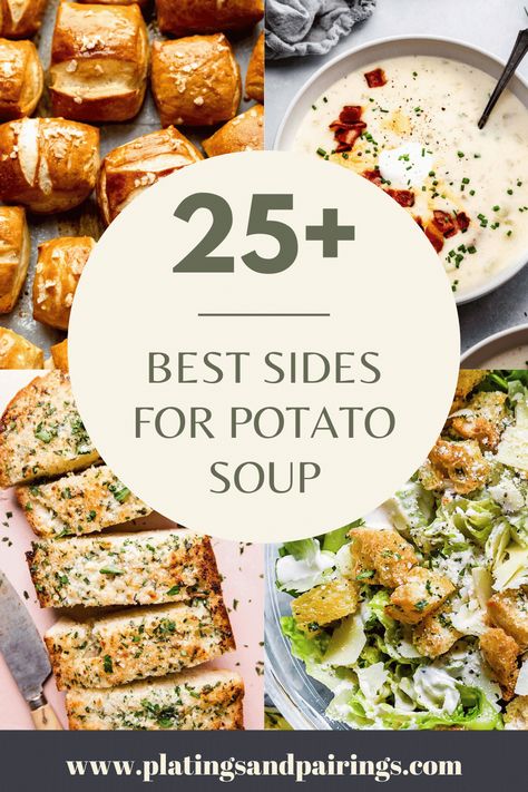 Wondering what to serve with potato soup? I’ve got you covered with this handy guide of 25+ tasty side dish recipes. What To Serve With Chowder, Side Dish For Potato Soup, Sides With Potato Soup, What Goes Good With Potato Soup, Potato Soup Bar Ideas, Good Sides For Soup, Side With Soup, What To Eat With Potato Soup, Sides For Potato Soup