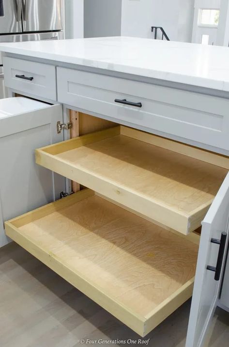 Split Level House Kitchen, Shiplap Kitchen Wall, Kitchen Wall Removal, Kitchen Pull Out Drawers, Kitchen Island Storage Ideas, Split Level Kitchen, Kitchen Island With Drawers, Island Drawers, Split Level Kitchen Remodel