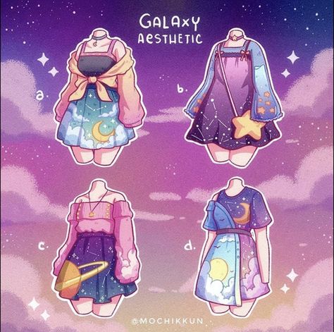 Star Based Character Design, Moon Themed Outfits Drawing, Galaxy Clothes Drawing, Star Theme Outfit, Galaxy Hair Drawing, Slime Outfit, Character Clothing Ideas, Star Themed Outfits, Chibi Outfits